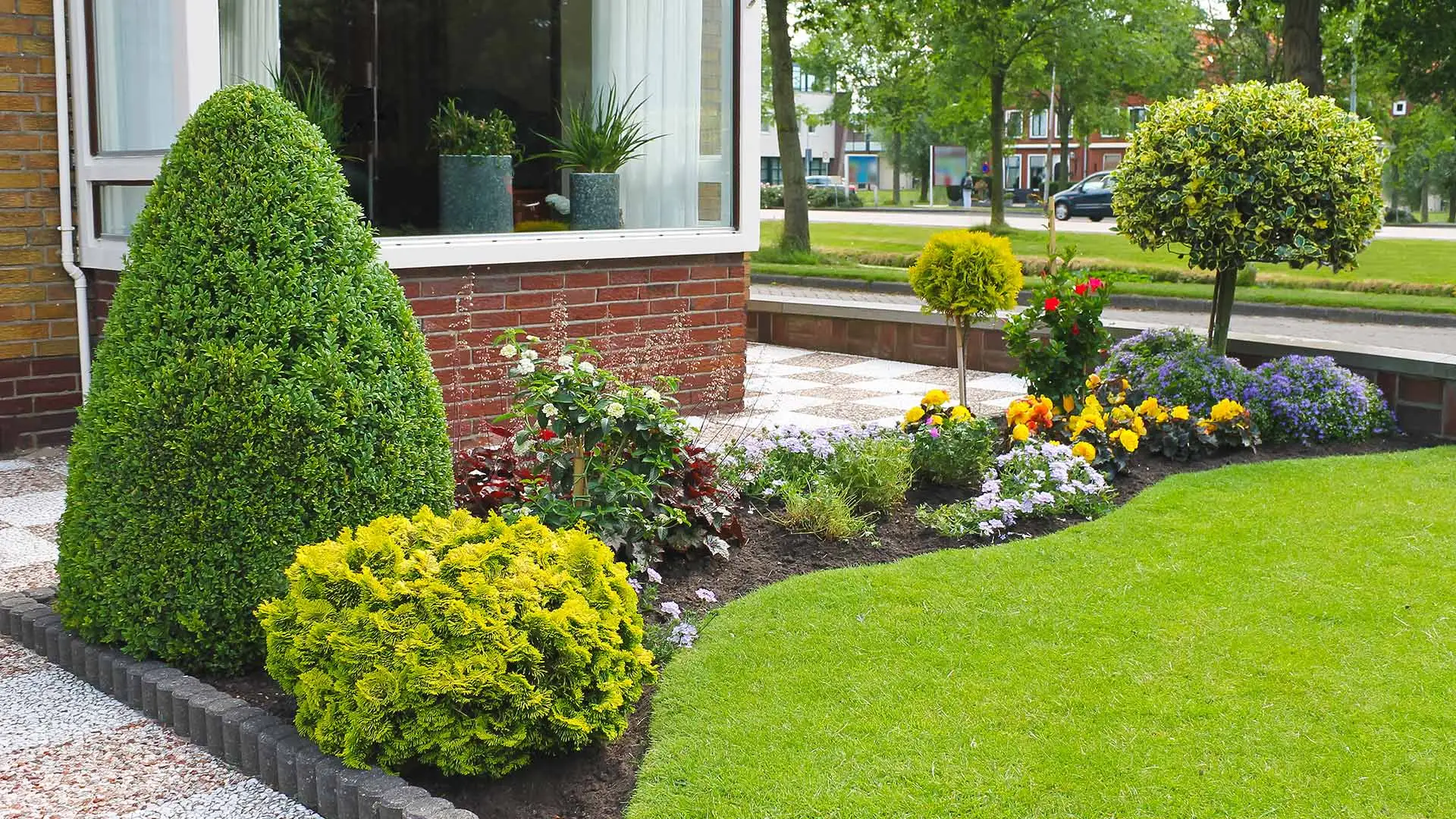 A healthy home with a healthy landscape bed and lawn in San Marcos, TX.