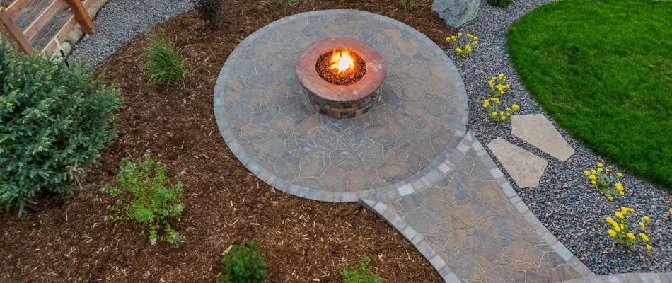 Aerial view of a firepit over a patio installed in Kyle, TX.