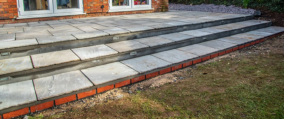 A set of outdoor steps made from flagstone in Buda, TX.