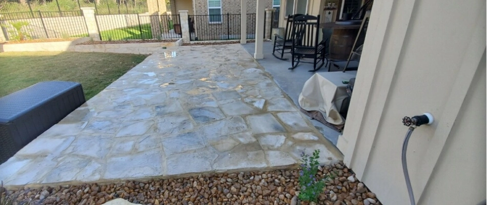 Stone patio installed for client in New Braunfels, TX.