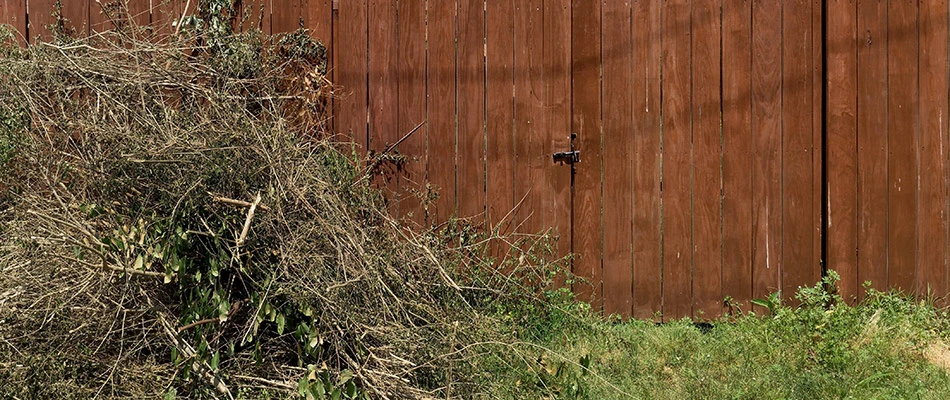 Debris and sticks in a pile by a fence ready to be hauled off a customer's property.