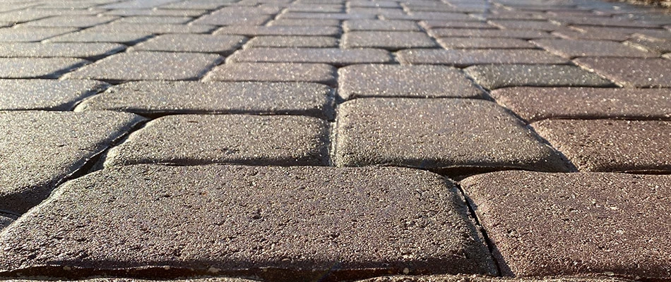 A cleaned and sealed paver drivway with the sun glinting off of its stony surface.