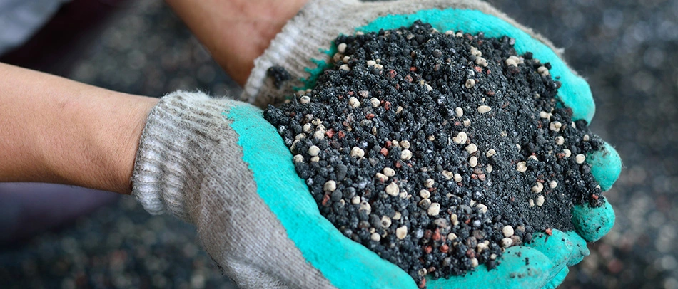 A professional showing a handful of fertilizer in Seguin, TX.