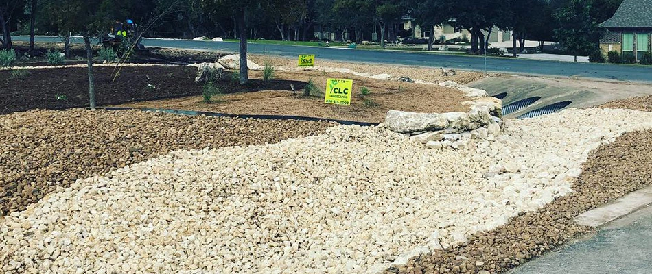 A large drainage system built on a commercial property in San Marcos, TX.