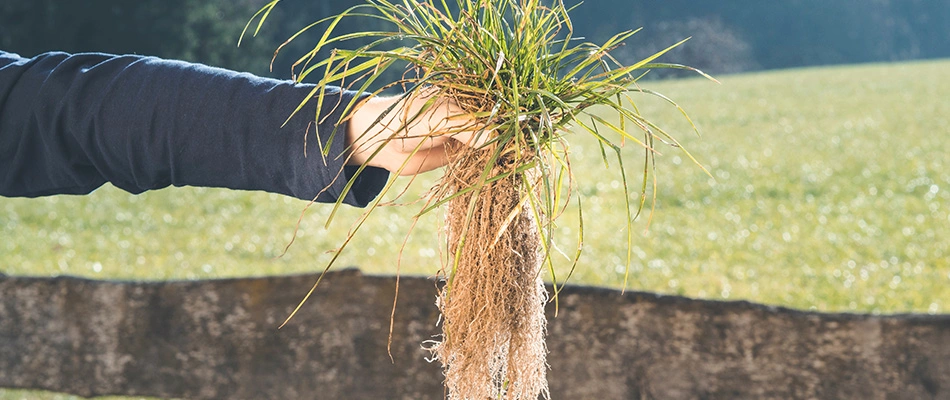 Large weed pulled by hand and being held out at arms length.