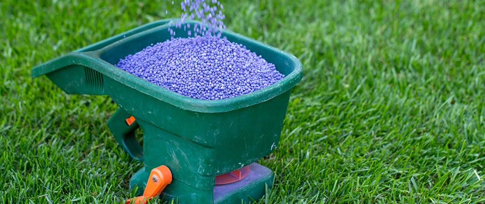 Fertilization dispenser on a lawn prepping to fertilize lawn.