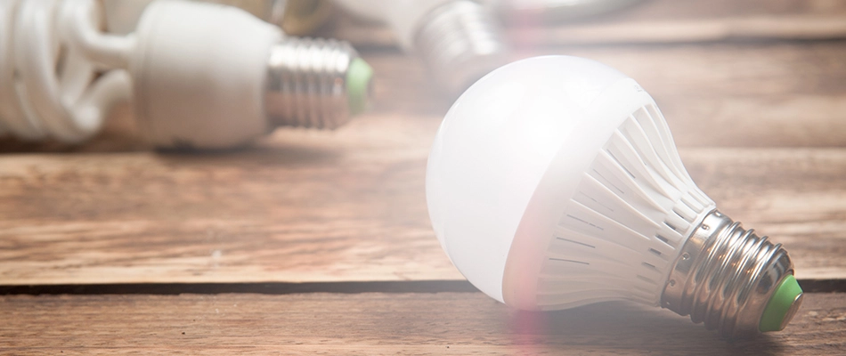 An LED bulb lit up on a table next to other bulbs in and around Buda, TX.