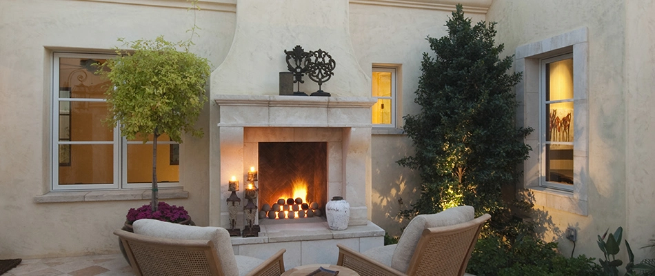 Sleek new custom outdoor fireplace near Buda, TX.