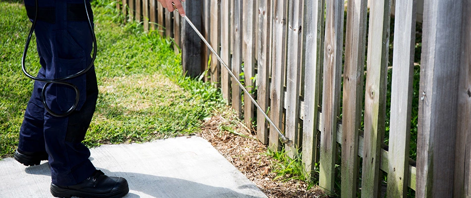 Perimeter pest control treatment sprayed by a professional in San Marcos, TX.