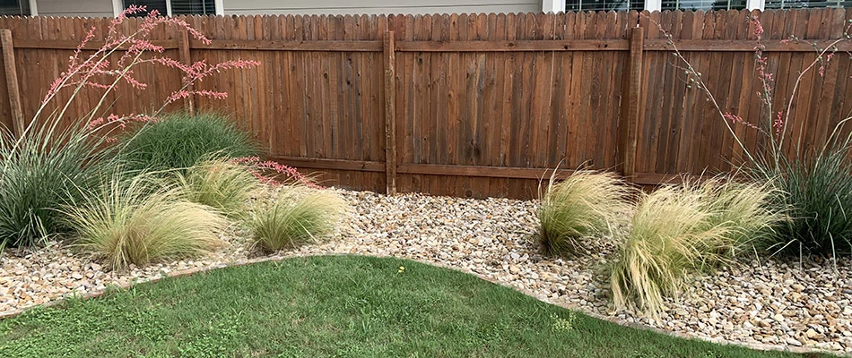 A rock topped landscape bed filled with a variety of plants in Kyle, TX.