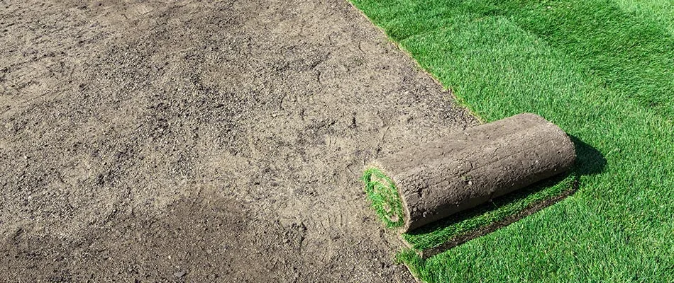 Lawn with rolled out sod ready for installation in San Marcos, TX.