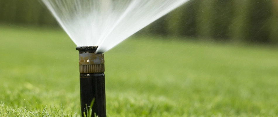 Sprinkler head watering lawn in San Marcos, TX.