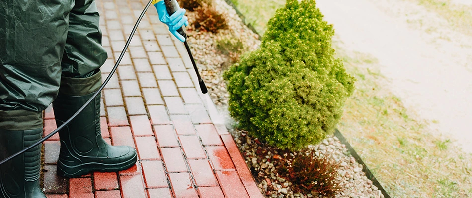 Walkway being cleaned by a professional and pressure washer in San Marcos, TX.
